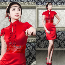 赛美婚纱水滴皇室短款绸缎红色新娘礼服 酒店婚礼结婚旗袍敬酒服
