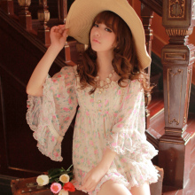 春夏装新款 日系蕾丝边田园碎花喇叭袖宽松上衣<span class=H>蝙蝠</span><span class=H>衫</span>长款<span class=H>雪纺</span><span class=H>衫</span>