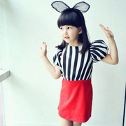 韩国童装女童2014夏装 大牌时尚拼接条纹儿童短袖连衣裙
