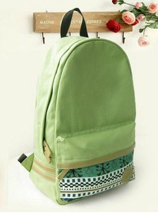  出口日单 森女学院风清新薄荷绿民族图案帆布学生双肩包中性背包