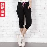 韩都衣舍韩国2012夏装新款女装休闲纯色中腰抽绳七分裤GJ1338茆