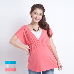 October Mummy maternity dresses tops summer Korean breastfeeding pregnant women two piece v neck t shirt