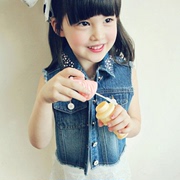 韩国童装女童2014夏装 时尚钉珠镶钻单排扣儿童牛仔马甲外套