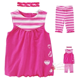  【新年特卖】夏季童装 条纹T恤裙衫 中裤 发带三件套装HJ3098