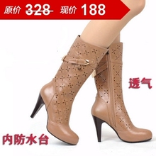 春秋真皮网靴镂空靴子春夏女单靴子高跟鞋凉靴中筒靴防水
