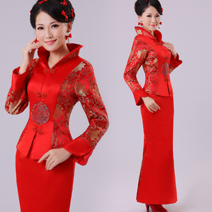  新款秋冬季红色婚礼复古新娘敬酒服结婚改良时尚长款旗袍礼服