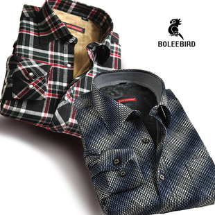  柏莉鸟 男士保暖衬衫加棉加绒加厚纯棉格子男装冬季长袖衬衣植绒