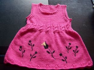 纯手工编织儿童毛衣 玫红色 无袖 花朵连衣裙 全