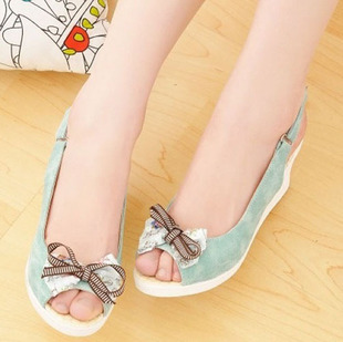  谢建明 新款 特价时尚夏季蝴蝶结中跟女鞋鱼嘴坡跟凉鞋