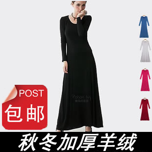  莫代尔欧美HM秋冬装长袖长裙加厚加绒打底连衣裙拖地长裙