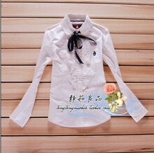 团购批发特价 阿依莲学院少女学生纯棉白色领结花边白衬衫衬衣