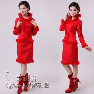  爱相许长袖旗袍冬装敬酒礼服新娘结婚红色夹棉旗袍冬天保暖套