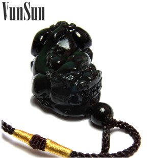  VunSun 天然水晶饰品 黑曜石吊坠 招财辟邪金曜石貔貅吊坠 送挂绳