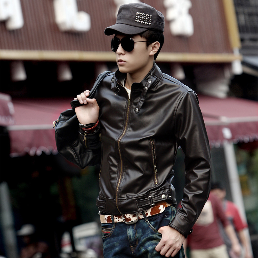 Purchase men's Korean short cab PU leather collar slim fit men s leather jacket men coat men jacket