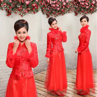  新款婚纱礼服夹棉旗袍时尚改娘结婚旗袍冬季复古长旗袍裙冬款