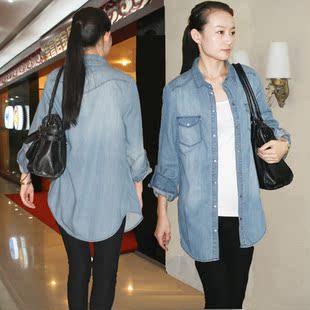  【天天特价】新棉牛仔衬衫女长袖修身中长款大码衬衣欧美胖mm外套