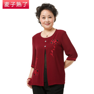  【品牌特卖】夏款中老年人绣花衬衫假两件套女装中袖大码妈装