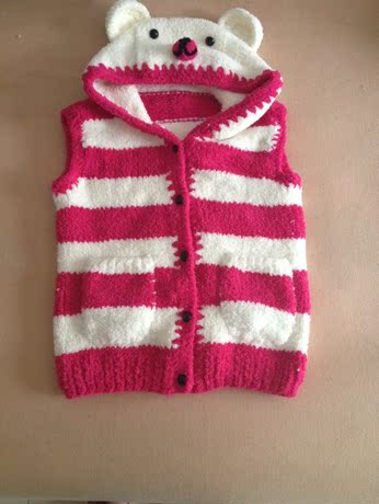 纯手工毛衣编织 针织衫 玫红白条纹图案 女宝宝