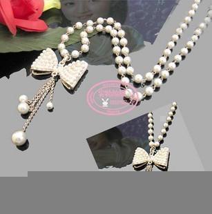  506 韩版饰品批发 珍珠蝴蝶结 sbb长款项链毛衣链 68g