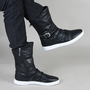  冬季新品潮流男靴子褶皱皮靴高帮时尚马靴保暖薄棉男士中筒户外靴