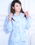 春秋款女 纯棉夹层时尚小花休闲长袖睡衣 套装 有腰带 月子服