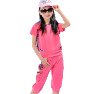  潮女大童夏装套装儿童七分裤+短袖t恤两件套大童女装韩版衣服