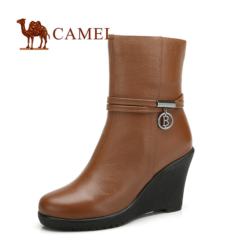 【聚】不支持货到付款 Camel骆驼 头层牛皮坡跟中筒休闲新款女靴