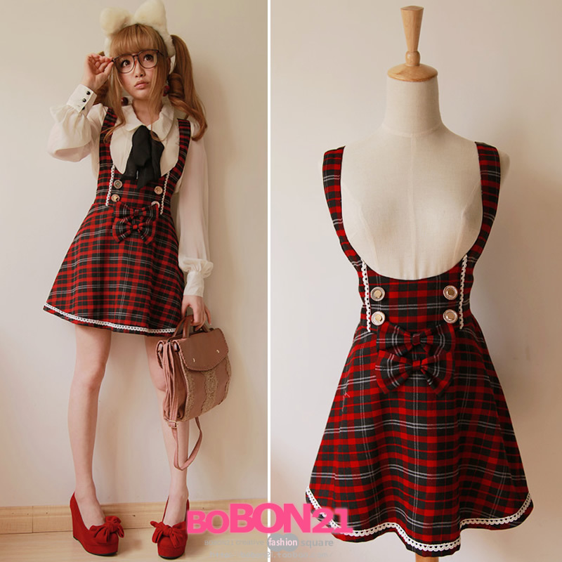 BOBON21 exclusive original school of design wind cute Red Bow lace high waist bib skirt B0558