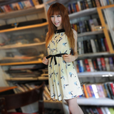 淘金币 2012春夏新品女欧美撞色领小鸟印花图案带腰带雪纺连衣裙