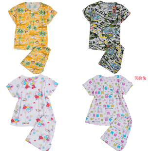  花丛小妖儿童睡衣家居服夏季棉绸棉绸男童女童短袖套装7分裤E1