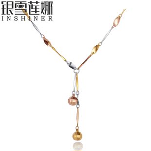  银雪莲娜 925纯银镀 24K三色金连理枝项链 女 纯银 情人节 彩银