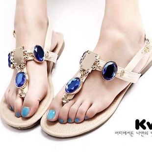  kvoll正品金属装饰宝石夹脚平底凉鞋 新款夹趾平跟凉鞋子 女