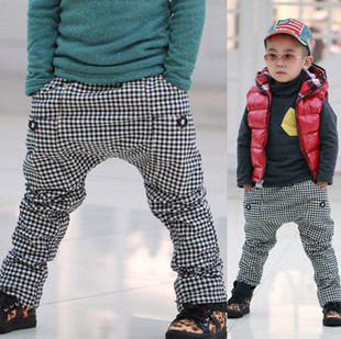  加绒厚韩版童装冬季宝宝儿童男童格子哈伦裤大PP裤垮裤长裤子