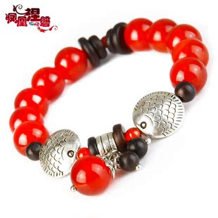  凤凰涅磐手链 女 天然水晶红玛瑙复古小鱼 原创DIY手工民族风饰品