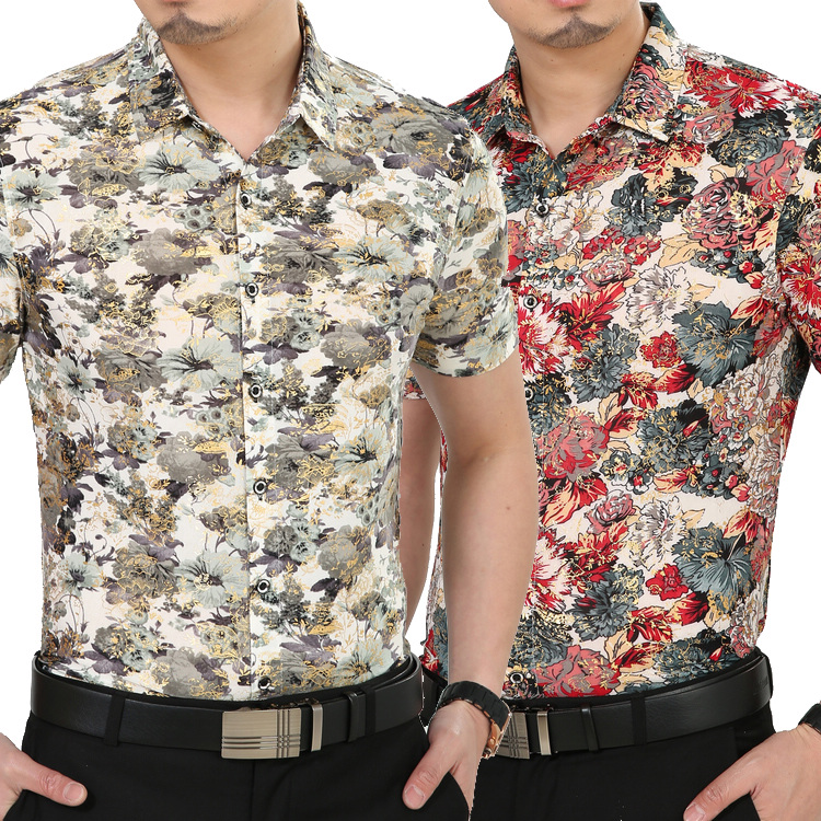 热卖夏款新品男装短袖花衬衫男印花衬衣中年休