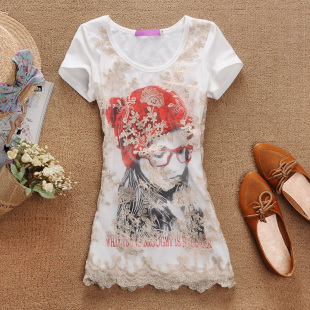  夏装新款圆领打底衫网纱印花拼接蕾丝韩版修身棉t恤 女 短袖