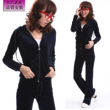 2012春装新款韩版女装天鹅绒运动套装女两件套纯色休闲服连帽卫衣
