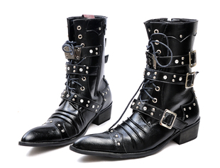  潮流男靴子 时尚靴英伦尖头铆钉马丁靴中筒靴 朋克摇滚个性帅气皮