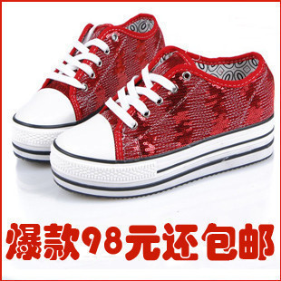  包邮 韩版新品松糕鞋厚底亮片低帮中跟高跟帆布鞋休闲鞋潮女鞋