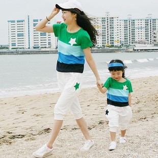  亲子装 夏装 母子装母女装 新款 全家装 韩版多彩条纹套装