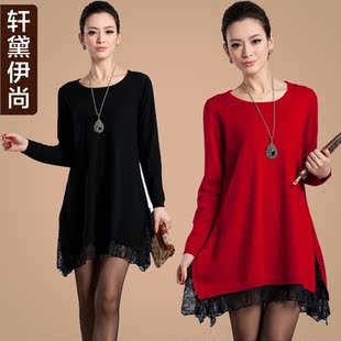  加厚升级 甜美蕾丝秋冬连衣裙 冬款厚毛衣 女装韩版宽松针织衫