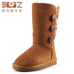  BUZ正品反季特价 高筒磨砂牛皮侧搭扣女靴子 纯色牛筋底雪地靴