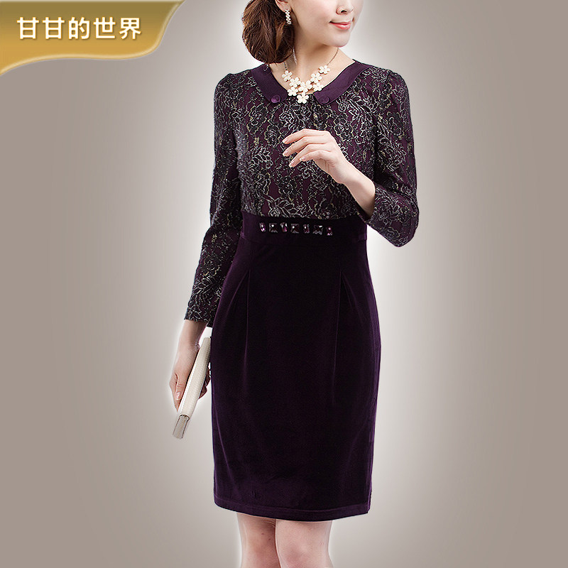 甘甘2012春装新款<span class=H>女装</span> 品质金丝绒韩版大码打底蕾丝连衣裙子G135