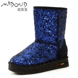  midoud亮片雪地靴中筒女靴冬季新款保暖棉鞋厚底防水台珠片靴子潮