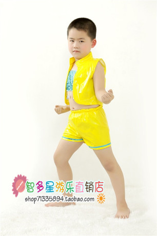 黄色亮皮服装 幼儿舞蹈服装 男孩演出服 霹雳舞
