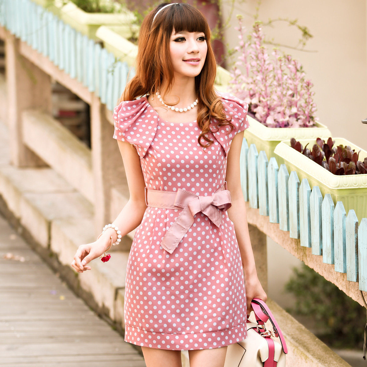连衣裙2012夏季新品女 韩版<span class=H>三彩</span>风短袖拼接花苞肩气质淑女波点裙