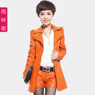  秋装新款女装韩版修身中长款pu水洗皮女式风衣机车皮衣外套