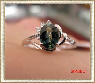  精品*S925银镀白金天然蓝宝石戒指*4A级奇异宝石泛金绿蓝色火彩