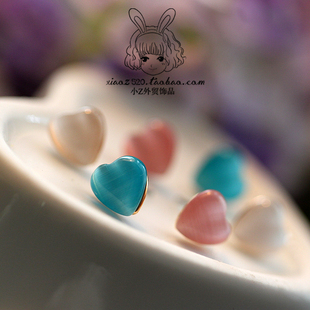  小Z外贸饰品★粉嫩清新 猫眼石爱心 耳钉 3色选 特！