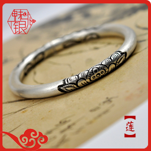  女款999纯银千足银老银匠纯手工正品圆条圆柱齐头刻雕花手镯 素莲